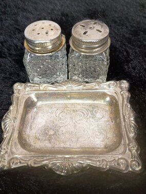 Vintage Silver-Plated Mini Cut Glass Salt & Pepper Shakers Bottles & Tray